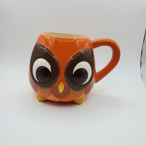 Two Mesa Home Products Big Eyed Owl Coffee Mugs Orange Brown Ceramic Left Handed - Picture 10 of 10